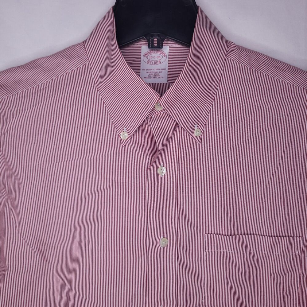 Brooks Brothers Dress Shirt Mens 15.5 Striped Red, White Non Iron Traditional